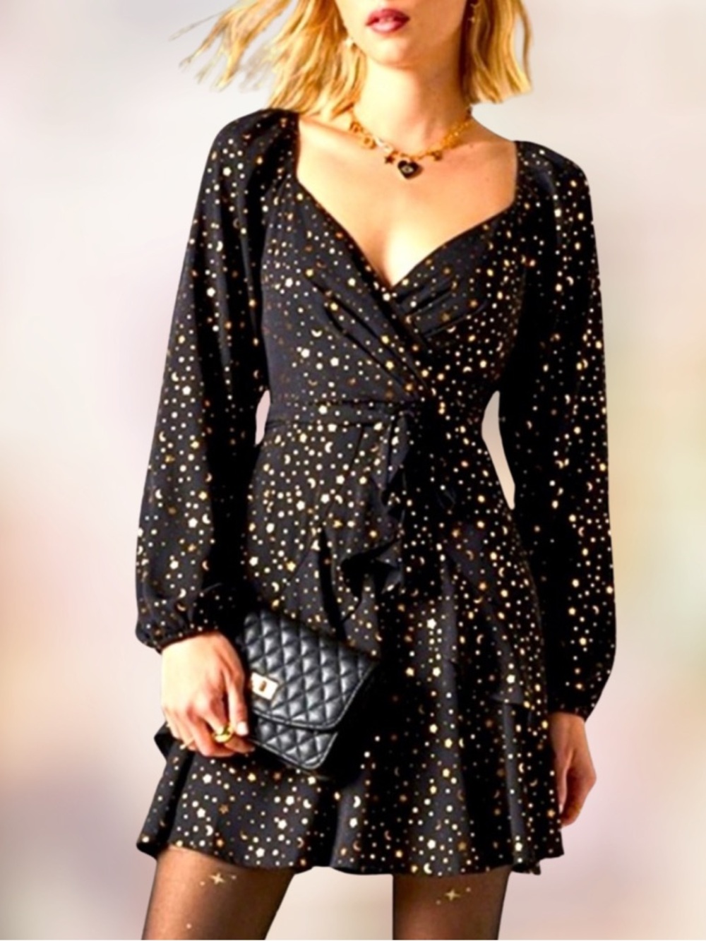 MIAMI FOR FRANCESCA’S Mini Dress Celestial Gold Stars & Moon Womens SZ Medium